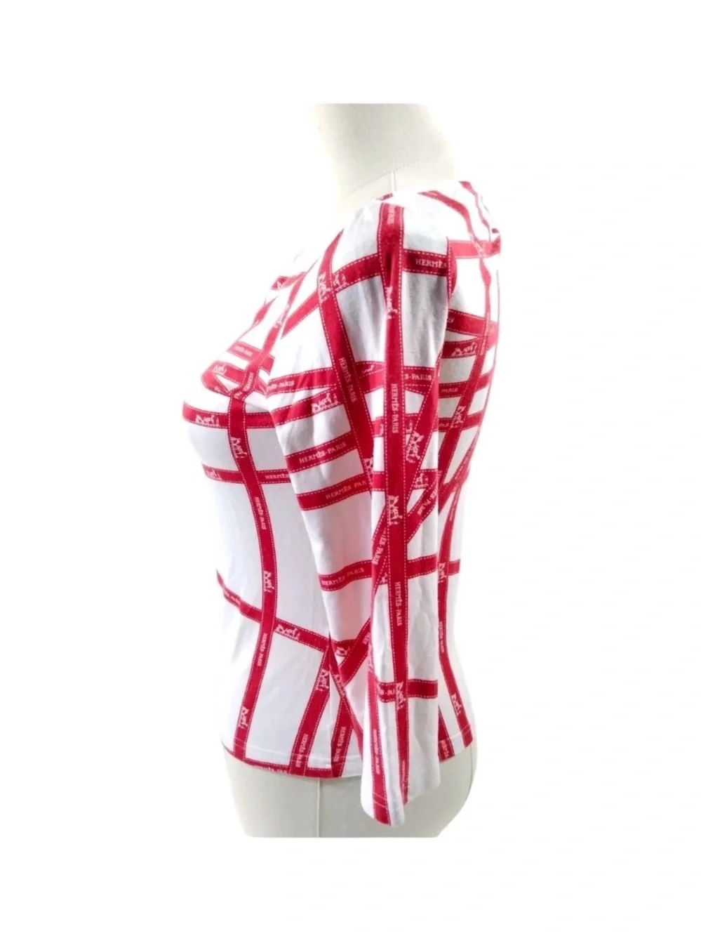 VINTAGE HERMES Red & White Grid-Print Scoop Neck Top Size S - Picture 5 of 11
